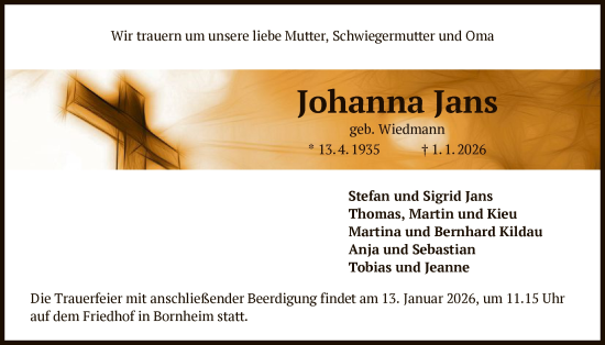 Traueranzeige von Johanna Jans von BOWO