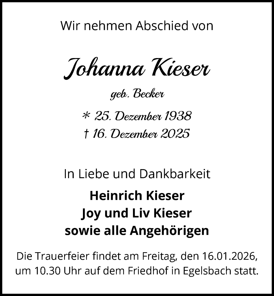  Traueranzeige für Johanna Kieser vom 10.01.2026 aus OFOP