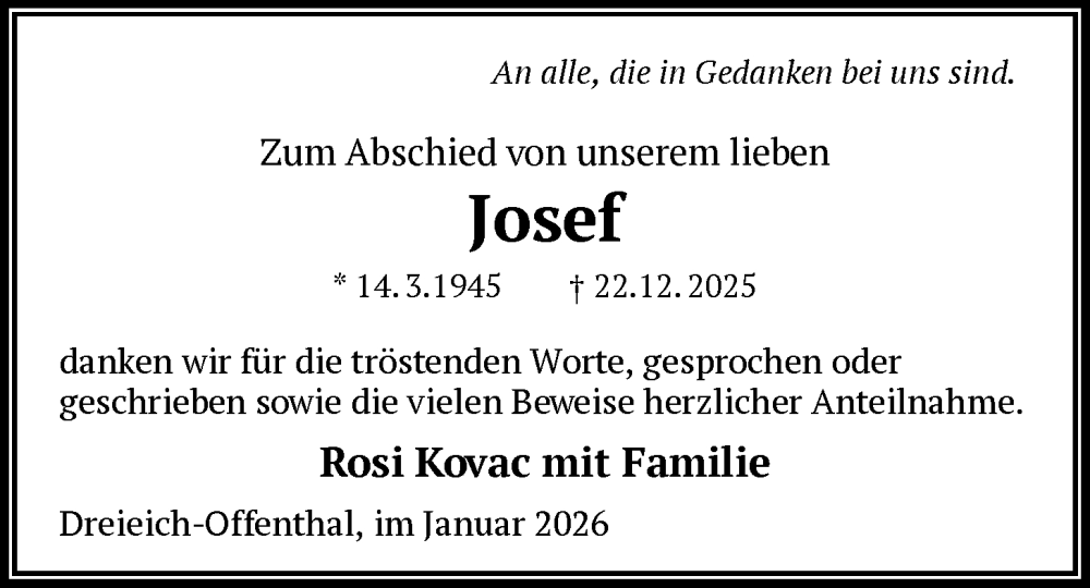  Traueranzeige für Josef  vom 24.01.2026 aus OF0W