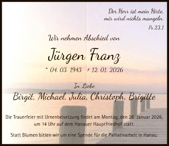 Traueranzeige von Jürgen Franz von OFHA