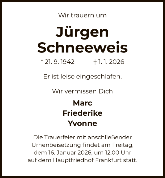 Traueranzeige von Jürgen Schneeweis von FNP