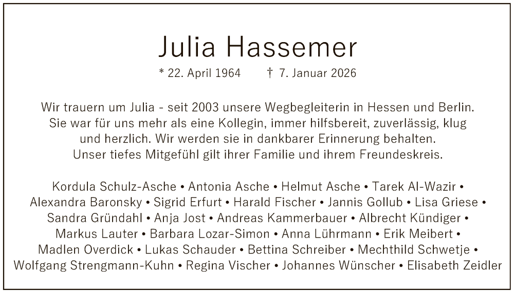  Traueranzeige für Julia Hassemer vom 17.01.2026 aus FNP