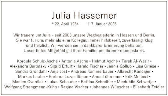 Traueranzeige von Julia Hassemer von FNP