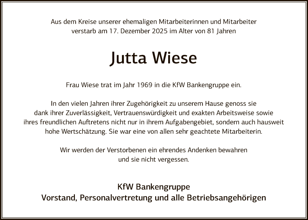  Traueranzeige für Jutta Wiese vom 13.01.2026 aus FNP