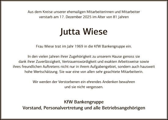 Traueranzeige von Jutta Wiese von FNP