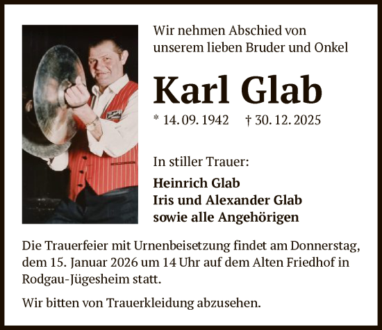 Traueranzeige von Karl Glab von OF0L