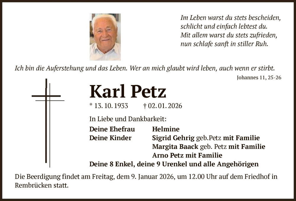  Traueranzeige für Karl Petz vom 07.01.2026 aus OFOP