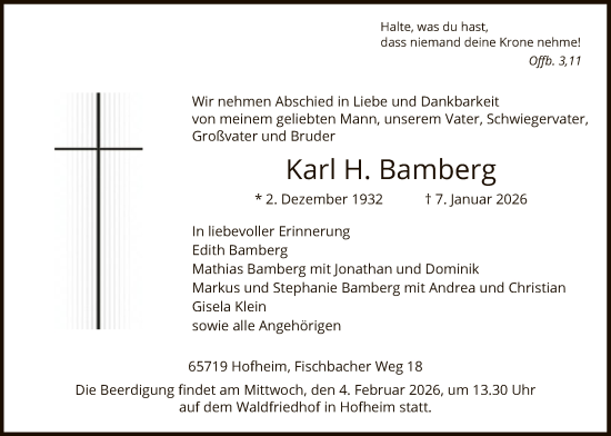 Traueranzeige von Karl H. Bamberg von FNP