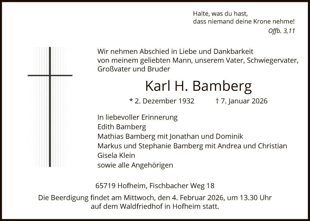  Traueranzeige für Karl H. Bamberg vom 17.01.2026 aus FNP