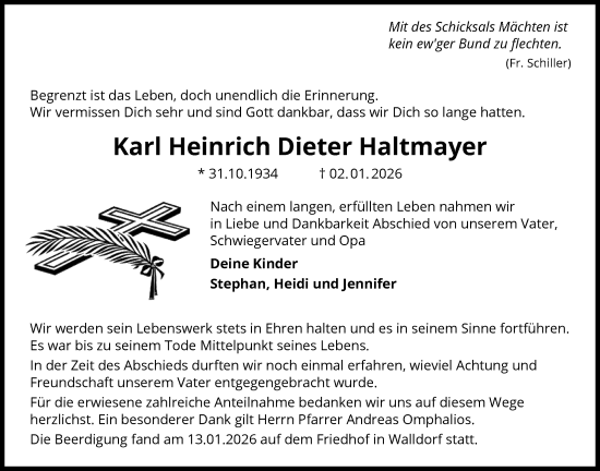 Traueranzeige von Karl Heinrich Dieter Haltmayer von OFMF