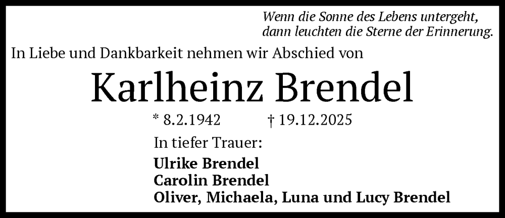  Traueranzeige für Karlheinz Brendel vom 03.01.2026 aus FNP