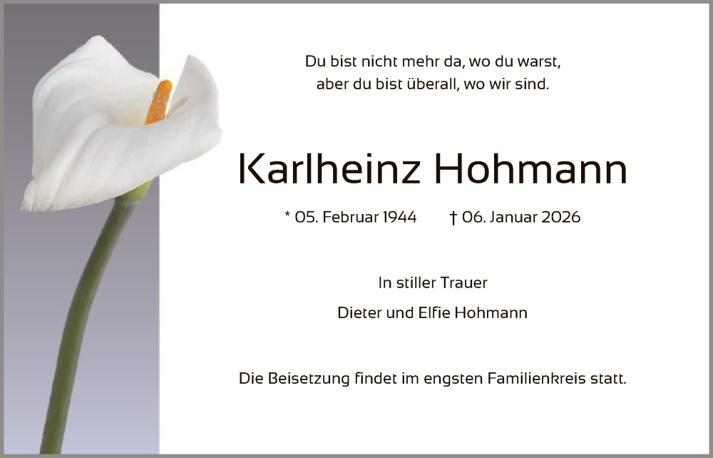  Traueranzeige für Karlheinz Hohmann vom 10.01.2026 aus FNP