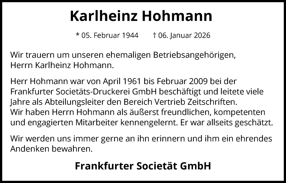  Traueranzeige für Karlheinz Hohmann vom 17.01.2026 aus FNP