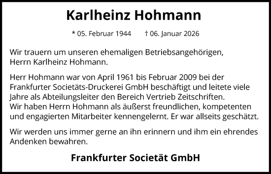 Traueranzeige von Karlheinz Hohmann von FNP