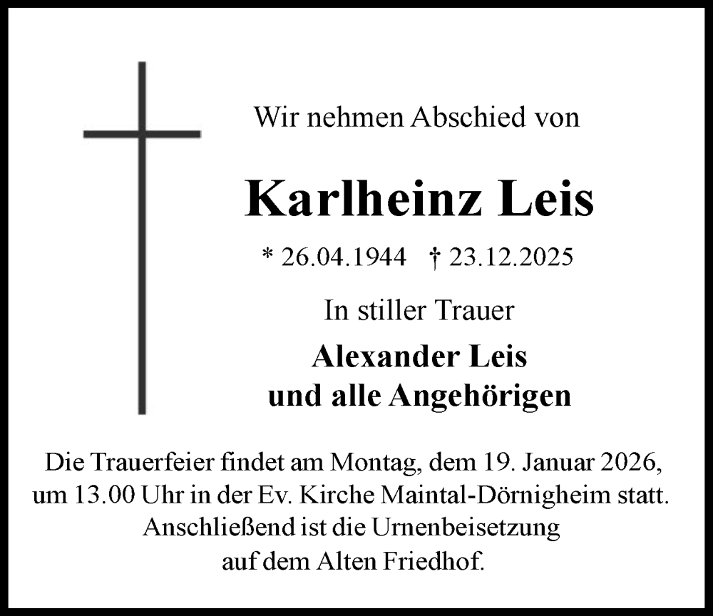  Traueranzeige für Karlheinz Leis vom 10.01.2026 aus OFHA