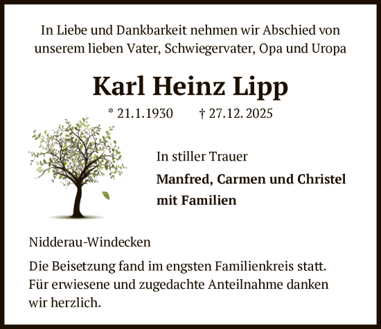 Traueranzeige von Karl Heinz Lipp von OFHA