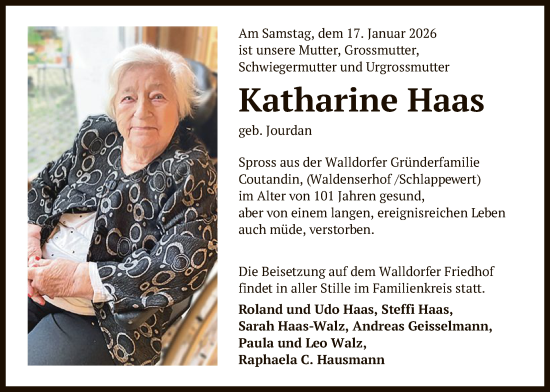 Traueranzeige von Katharine Haas von OFMF