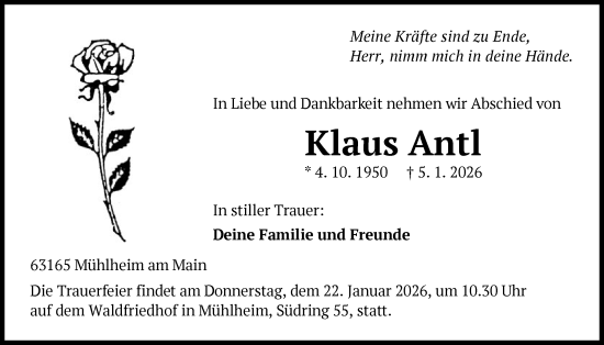 Traueranzeige von Klaus Antl von OFOP