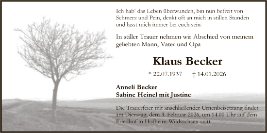 Traueranzeige von Klaus Becker von FNP