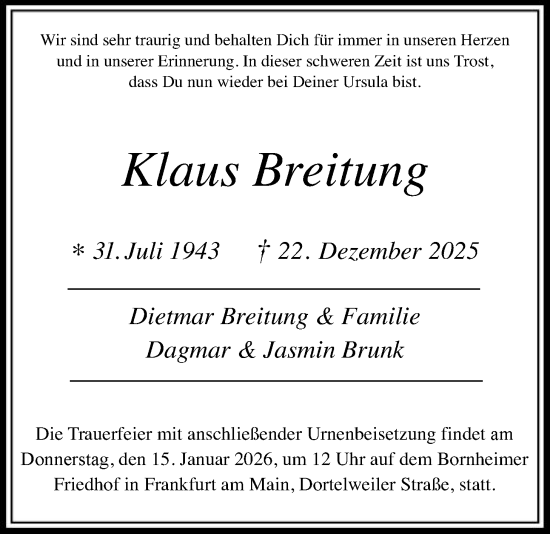 Traueranzeige von Klaus Breitung von BOWO