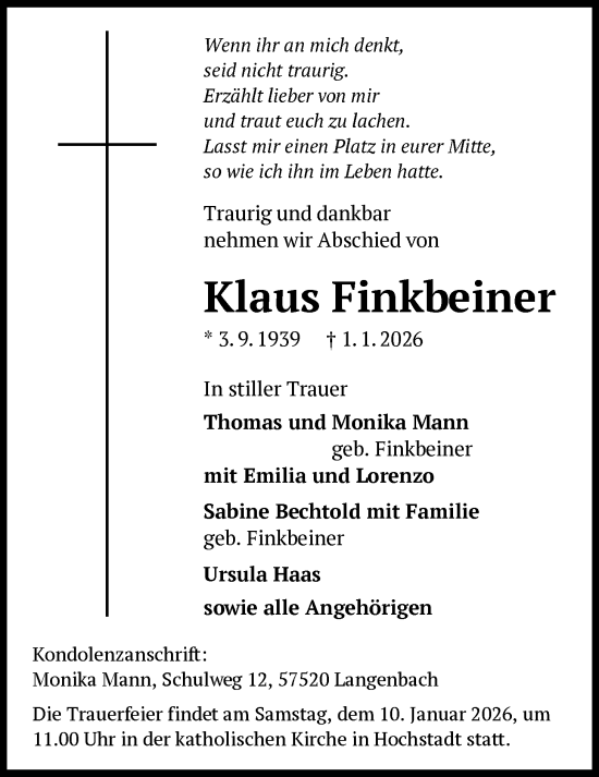 Traueranzeige von Klaus Finkbeiner von OFHA