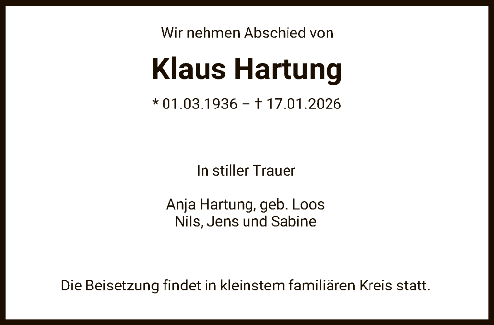  Traueranzeige für Klaus Hartung vom 31.01.2026 aus OFOP