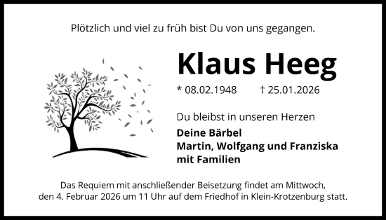 Traueranzeige von Klaus Heeg von OF0L