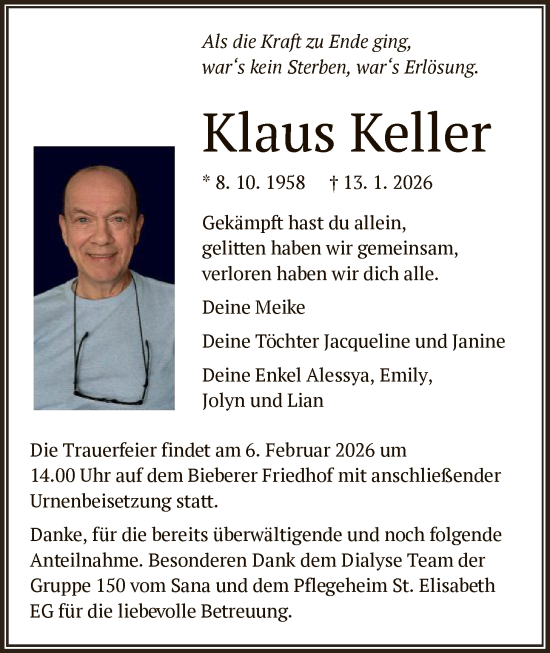 Traueranzeige von Klaus Keller von OFOP