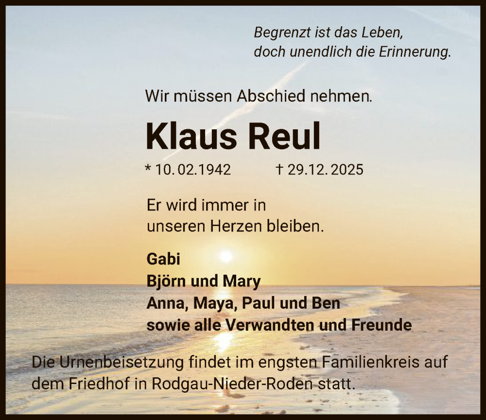  Traueranzeige für Klaus Reul vom 10.01.2026 aus OFOP