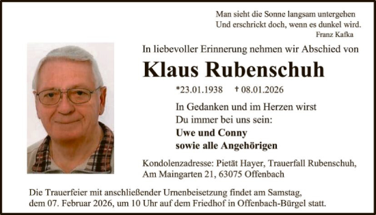 Traueranzeige von Klaus Rubenschuh von OFOP