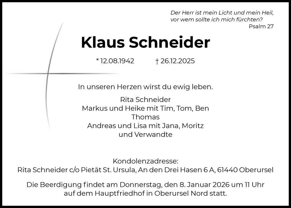  Traueranzeige für Klaus Schneider vom 03.01.2026 aus FNP