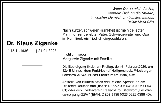 Traueranzeige von Klaus Ziganke von FNP
