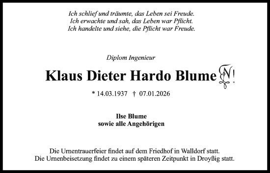 Traueranzeige von Klaus Dieter Hardo Blume von OFMF