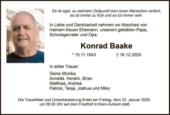Traueranzeige von Konrad Baake von OFOP