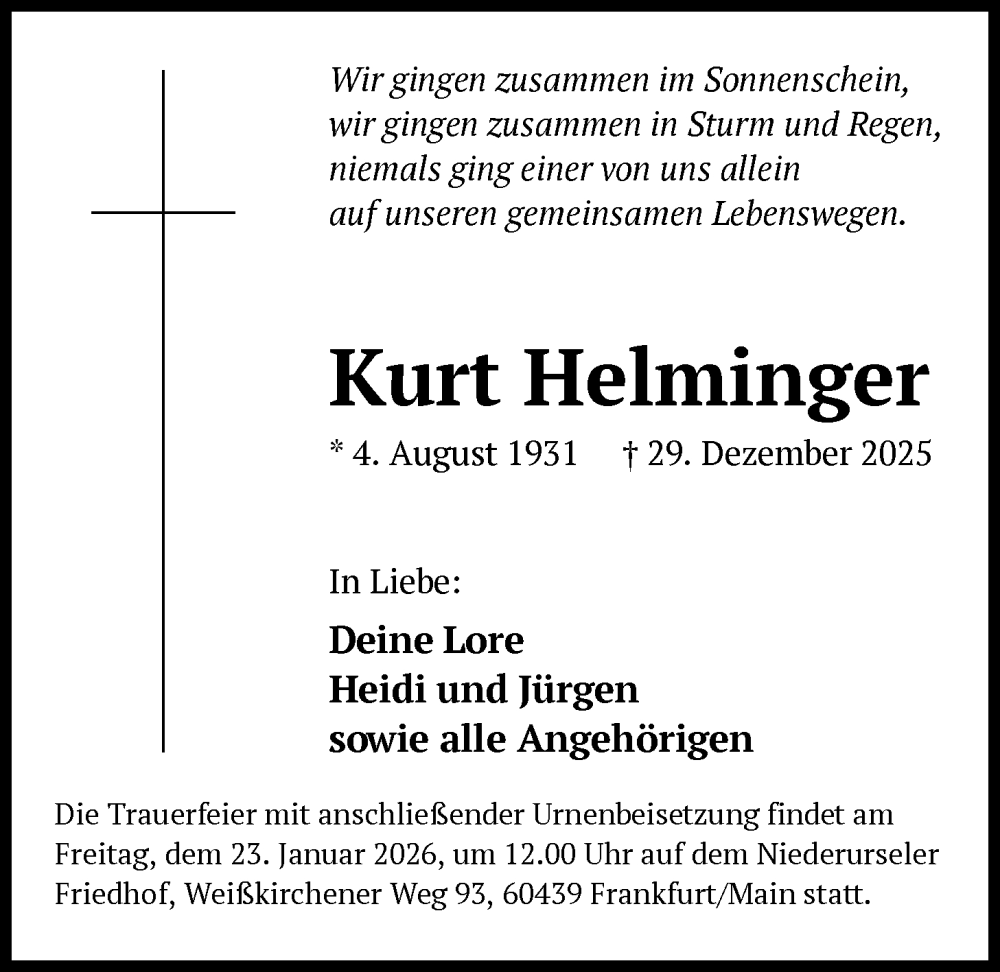  Traueranzeige für Kurt Helminger vom 10.01.2026 aus FNP