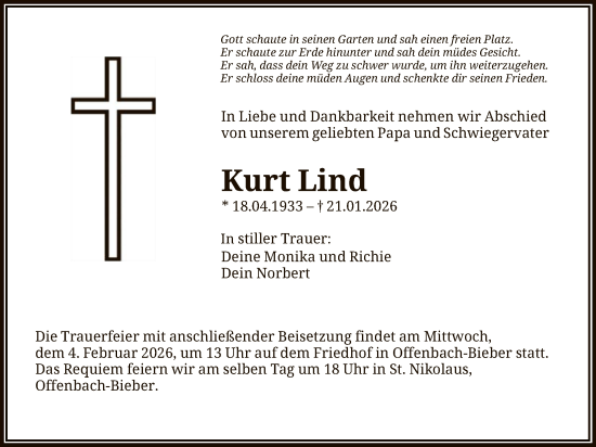 Traueranzeige von Kurt Lind von OFOP