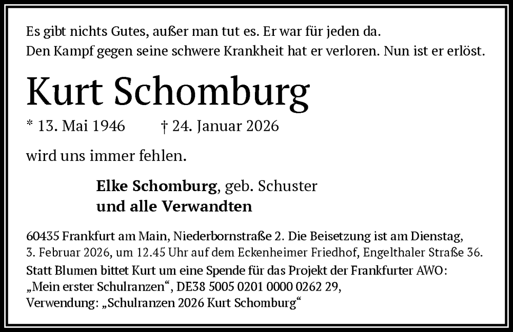  Traueranzeige für Kurt Schomburg vom 31.01.2026 aus FNP