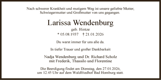 Traueranzeige von Larissa Wendenburg von FNP