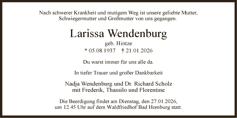  Traueranzeige für Larissa Wendenburg vom 24.01.2026 aus FNP
