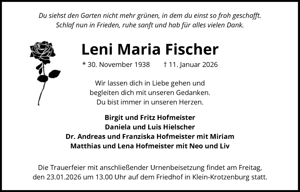  Traueranzeige für Leni Maria Fischer vom 17.01.2026 aus OF0L