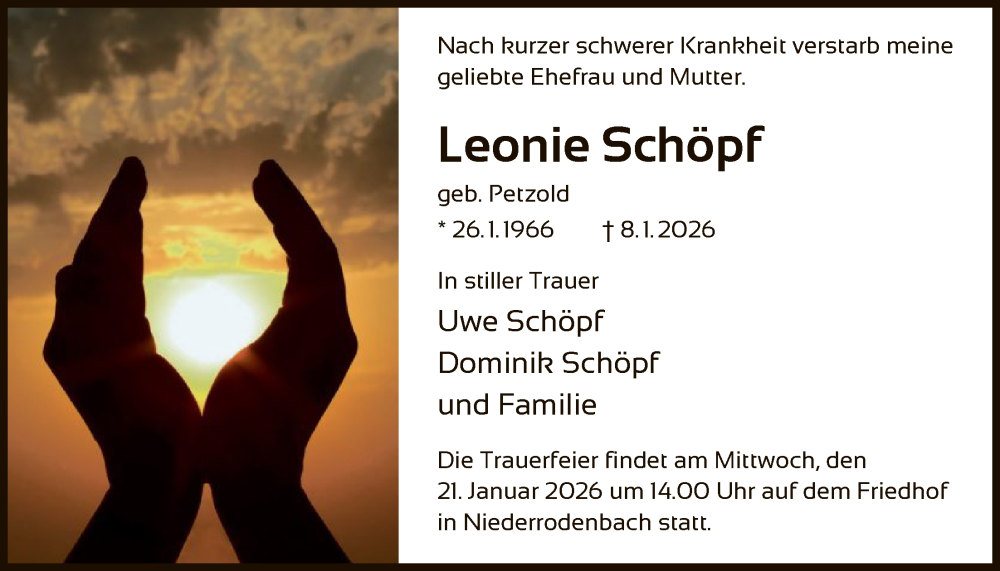  Traueranzeige für Leonie Schöpf vom 17.01.2026 aus OFHA