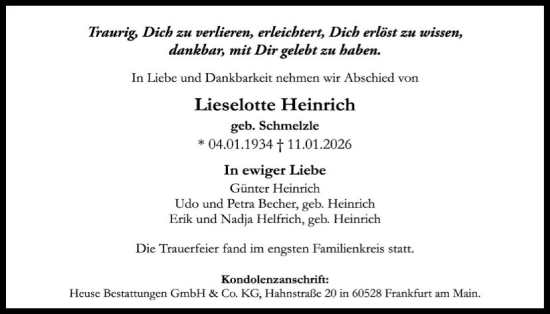 Traueranzeige von Lieselotte Heinrich von FNP