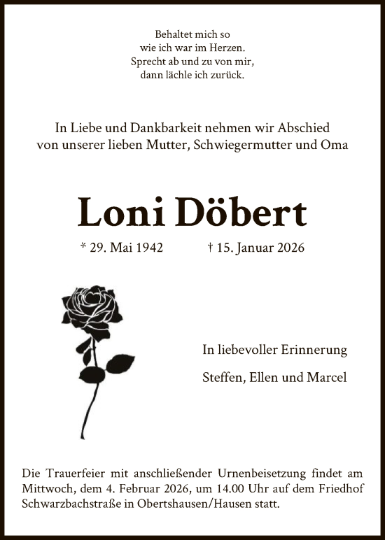 Traueranzeige von Loni Döbert von OF0T
