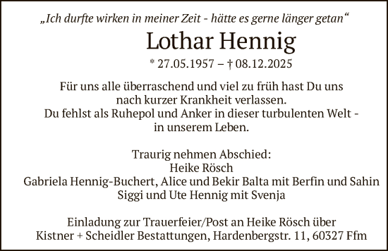 Traueranzeige von Lothar Hennig von FNP