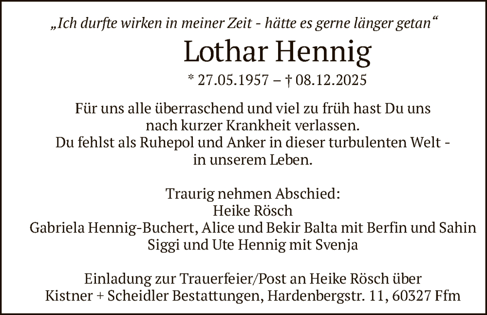  Traueranzeige für Lothar Hennig vom 09.01.2026 aus FNP