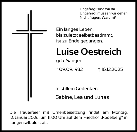Traueranzeige von Luise Oestreich von OFHA