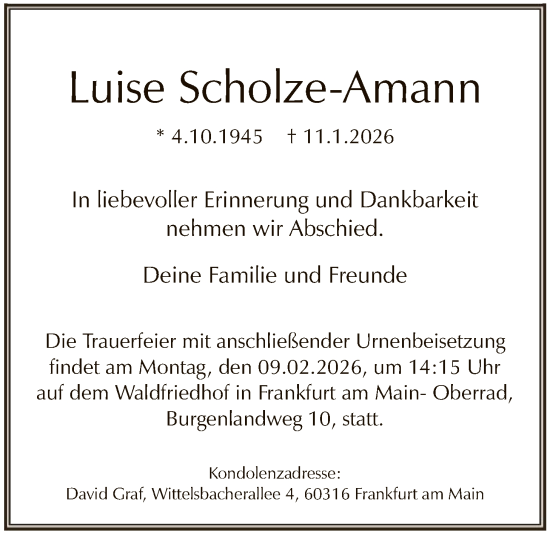 Traueranzeige von Luise Scholze-Amann von FNP