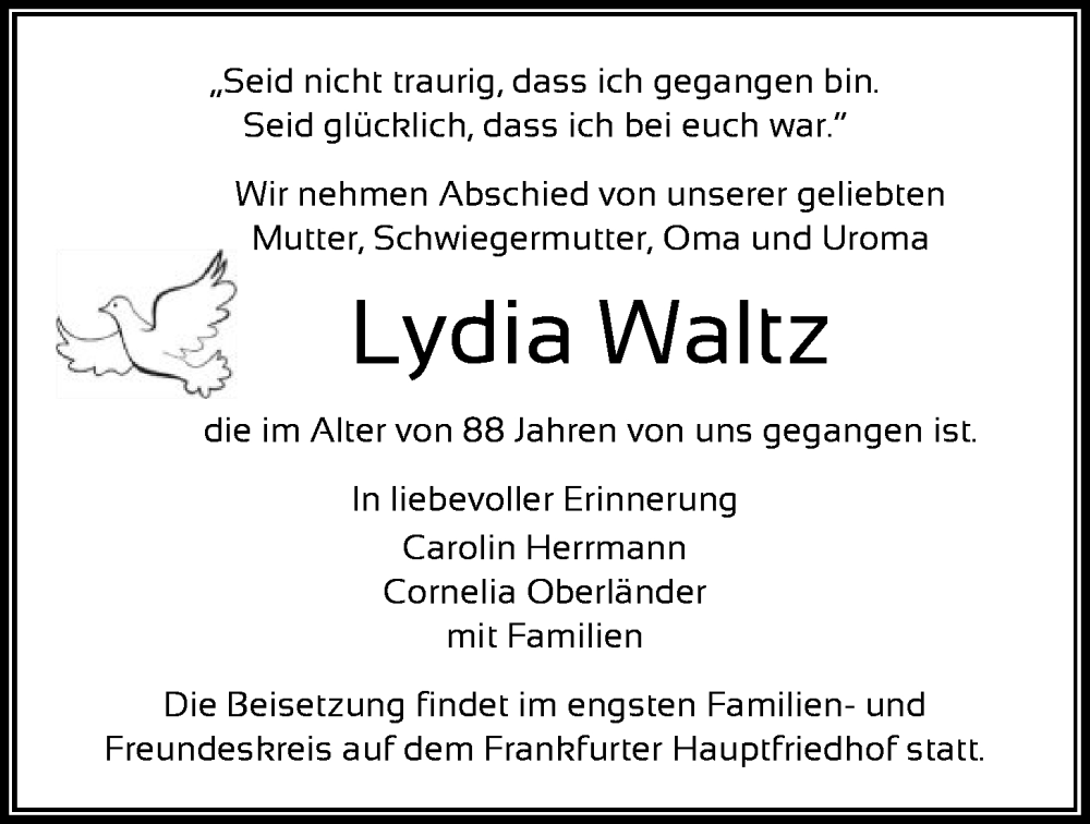  Traueranzeige für Lydia Waltz vom 31.01.2026 aus FNP
