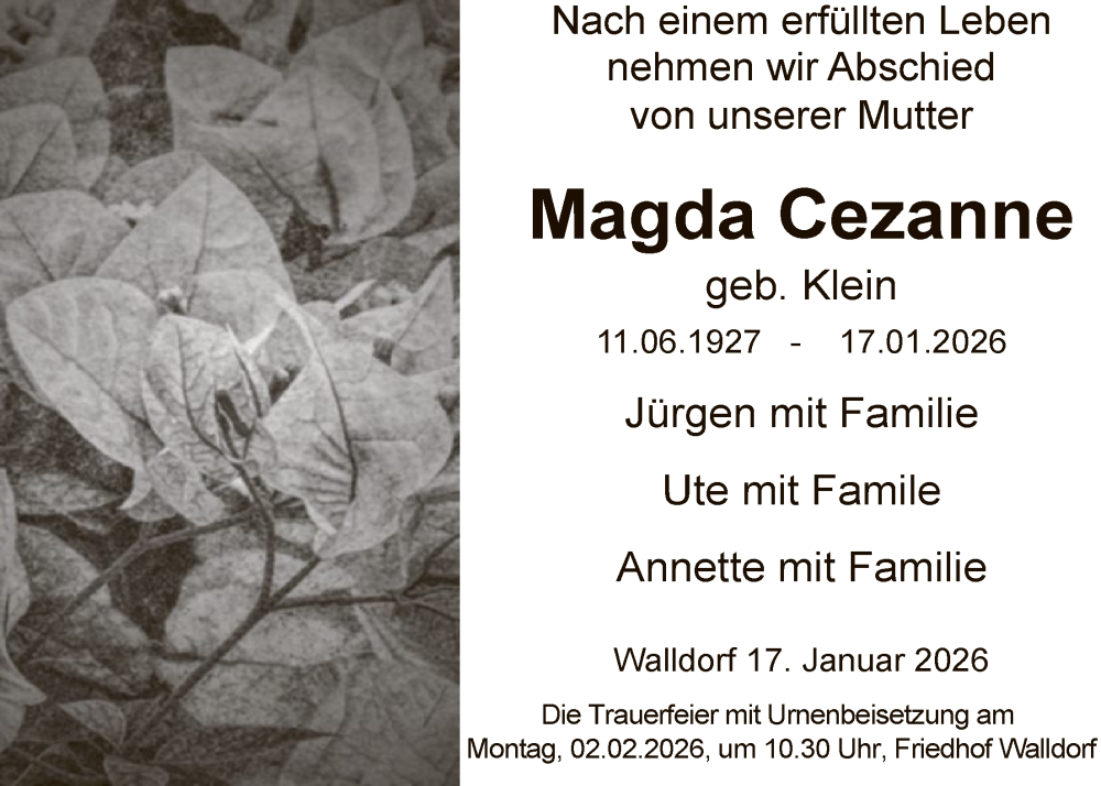  Traueranzeige für Magda Cezanne vom 30.01.2026 aus OFMF