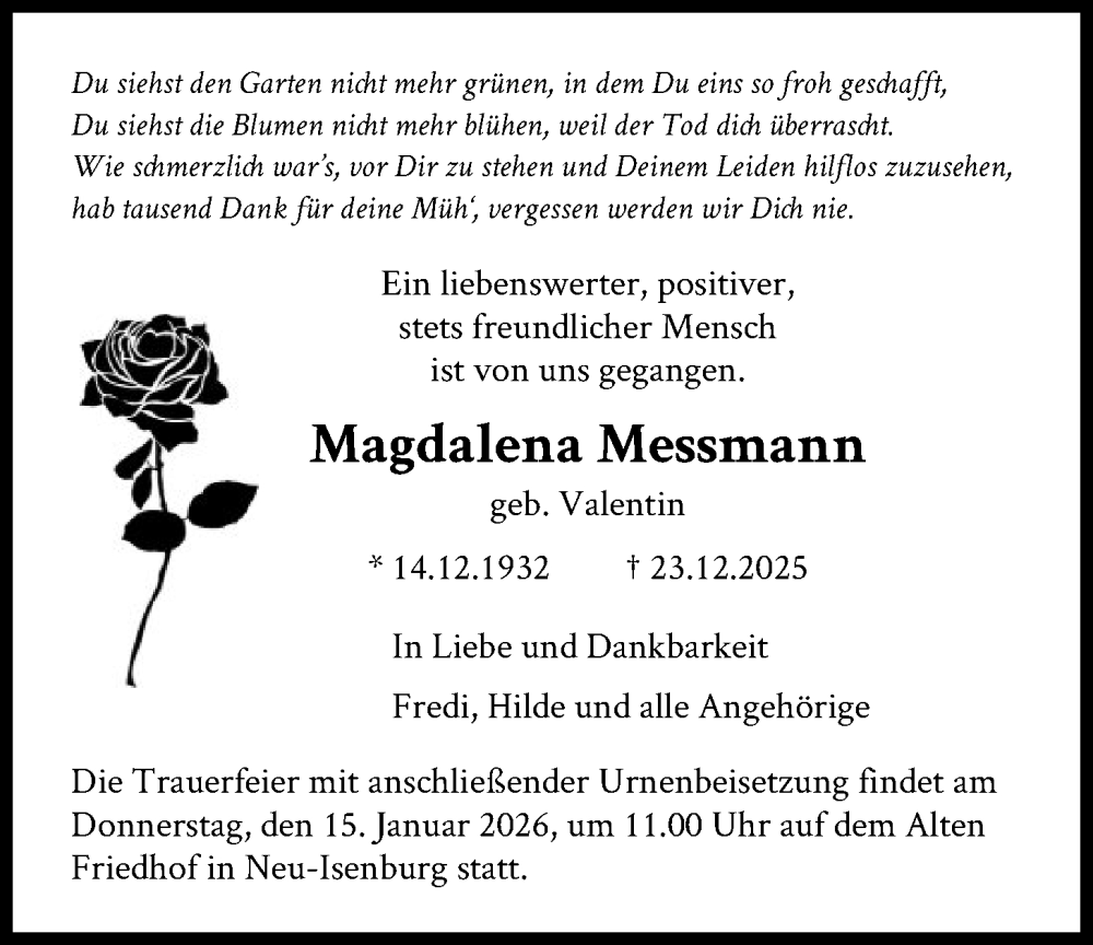  Traueranzeige für Magdalena Messmann vom 10.01.2026 aus OF0W
